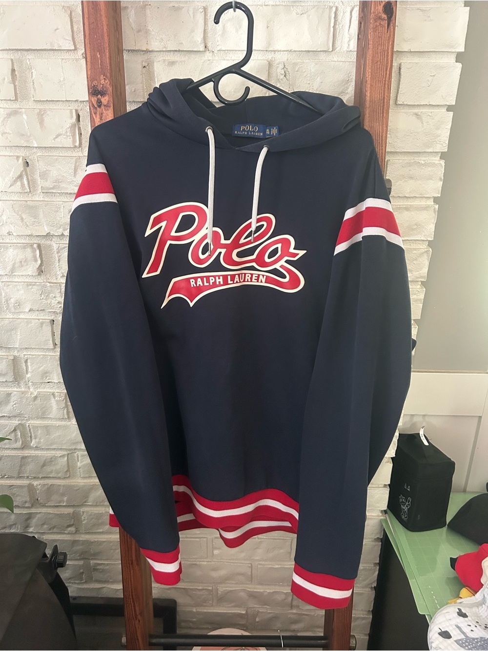 Polo Ralph Lauren Varsity Script Logo Hoodie Navy Red White XL Soft Comfort Y2K